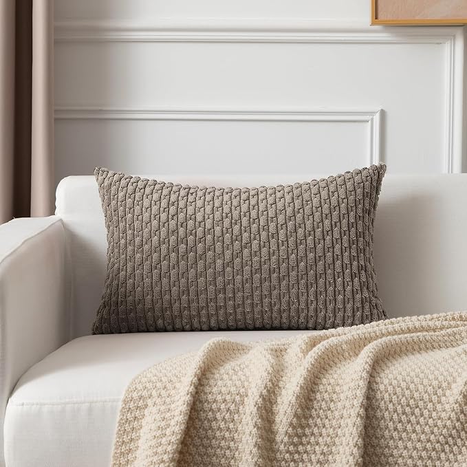 Kevin Textile Soft Corduroy 14"x22" Lumbar Pillow Cover 1 Pack, Light Brown | Boho Stripe Plush Corduroy Decorative Oblong Cushion Cover Modern Farmhouse Home Decor for Sofa Couch Bed Chair