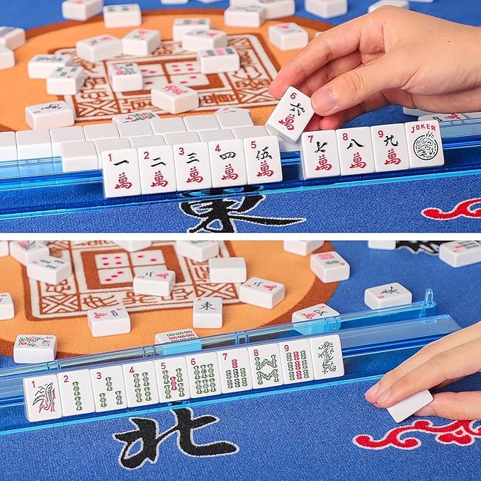 American Mahjong Game Set, 166 White Tiles, 4 All-in-One Color Rack/Pushers, Complete Mahjong Tiles Set with Pink Carrying Bag (Mahjong)