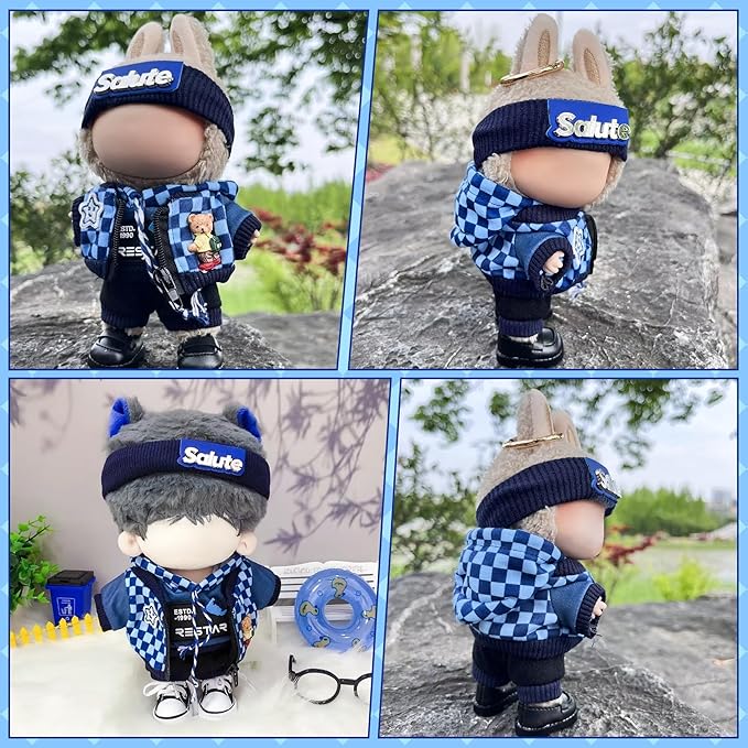 Clothes Fit for 17CM Doll, Fashion Doll Clothes Outfit Set Cute Theme Designer Toys Dress Accessories for Collector Fans Display (Deep Blue Grid)