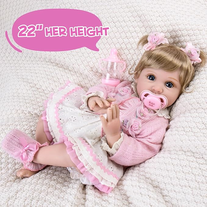 Aori Reborn Baby Dolls 22 Inch - Realistic Baby Doll for Kids 3+ Years - Lifelike Newborn Baby Girl with Pink Outfit - Handmade Cloth Body Reborn Toddler for Gift, Collection & Role Play