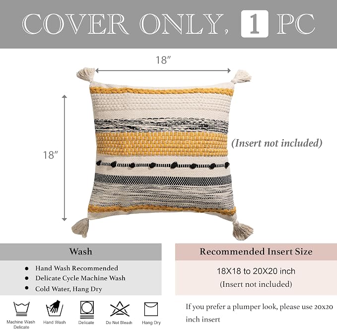 Yellow Mustard Decorative Throw Pillow Cover 18x18 Square Boho Accent Pillowcase Tassels Farmhouse Cushion for Couch Sofa Bedroom Living Room Home Décor Cover ONLY