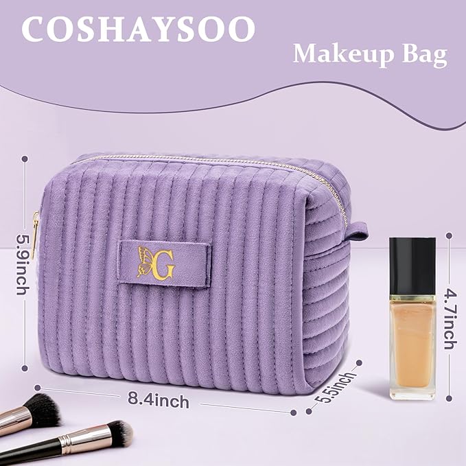 COSHAYSOO Sister Birthday Gifts for Women Best Friend Bestie Friendship Fashion Makeup Bag Make Up Cosmetic Pouch Travel Size Toiletries Skin Care Essentials Organizer Purple Velvet Initial Letter G