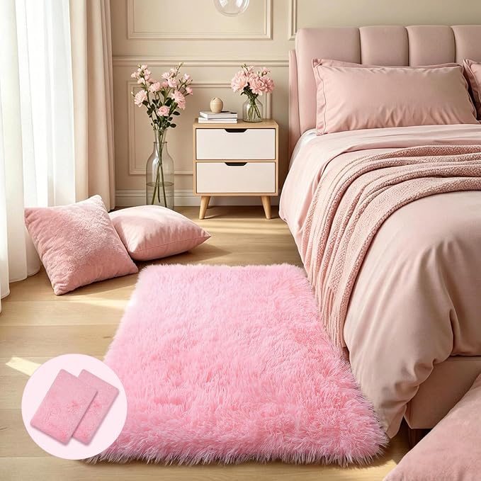 KCHOWUA Pink Fluffy Fuzzy Rug 2x3, 2 Pcs Machine Washable Plush Shag | Soft pastel shaggy furry throw rug for girls bedroom, living room, nursery, kids room, and dorm
