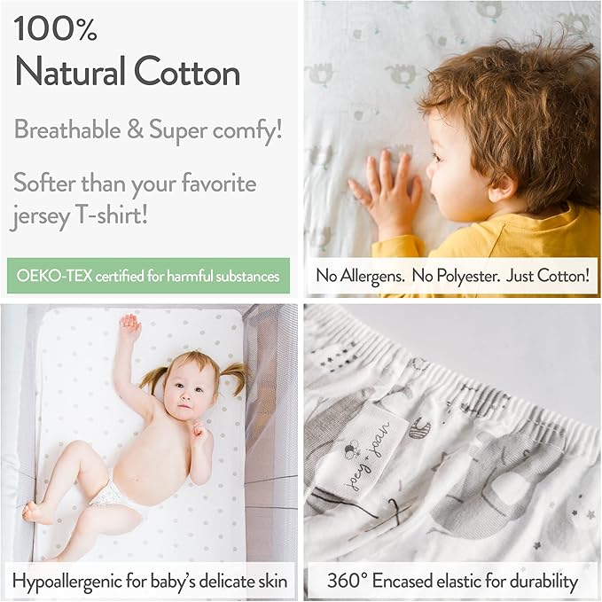 Joey + Joan Pack and Play Sheets Fitted – for Graco Pack n Play Playard – 2 Pack – Buttery Soft 100% Cotton Mini Crib Mattress Sheets Set for Baby Girl – Pink Bows, Chevron