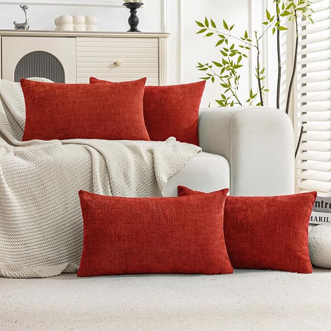 Set of 4 Soft Textured Decorative Throw Pillow Covers 12X20 Inch Cozy Farmhouse Cushion Cover Square Accent Pillow Cases for Bed Couch Sofa Living Room, Red