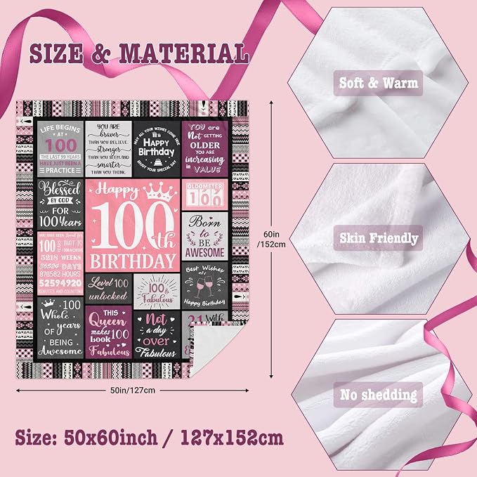 Ivivis 100th Birthday Gifts for Women Blanket 60”x50”, 100th Birthday Party Supplies Decorations, Happy 100th Birthday Gifts for 100 Year Old Woman, 1926 Gifts for 100th Birthday Women Mom Grandma