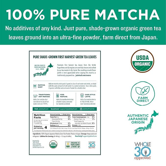 Jade Leaf Matcha Organic Ceremonial Grade Matcha Powder - On The Go Packets For Lattes, Smoothies, Usucha, 30 Count (0.04 Ounce Packets)