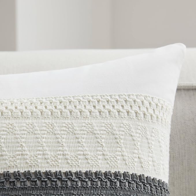 2pk Boho Pillow Covers 12x20, Natural White/Contrast/Charcoal | 100% Organic Cotton Body, Stripe Embroidery, Farmhouse Decorative Cushion Covers for Sofa Bed Living Room Home Decor