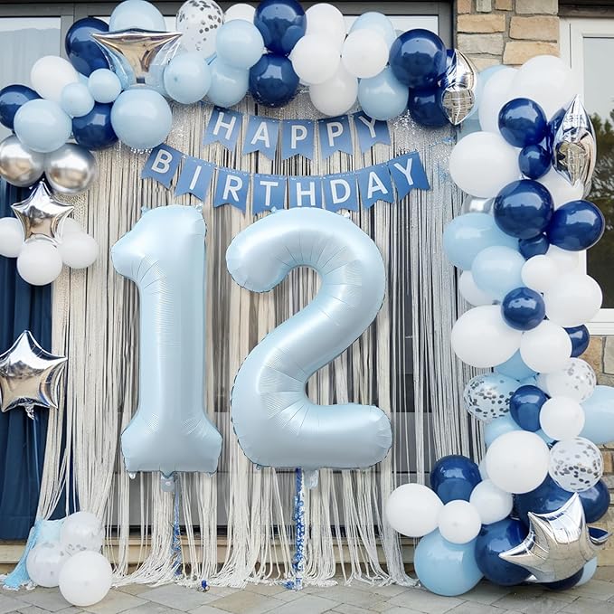 Foil 12 Balloon, Light Matte Sky Blue Big Number 12 Balloons for Boys Birthday Party Decor, 40 Inch Mylar Helium Number 12 Pastel Baby Blue Balloon for 12th Birthday Party Anniversary Decorations