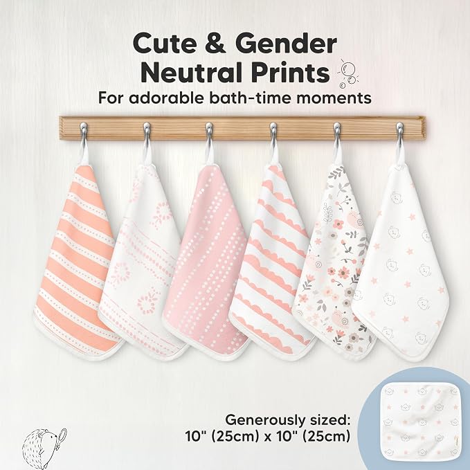 6-Pack Cotton Baby Washcloths for Newborn - Organic Cotton Muslin Soft Wash Cloths for Babies, Infant, Kids,Toddler Towels for Boy,Girl,Super Absorbent Face Cloths,Scratch-free Baby Rags (Sweet Charm)