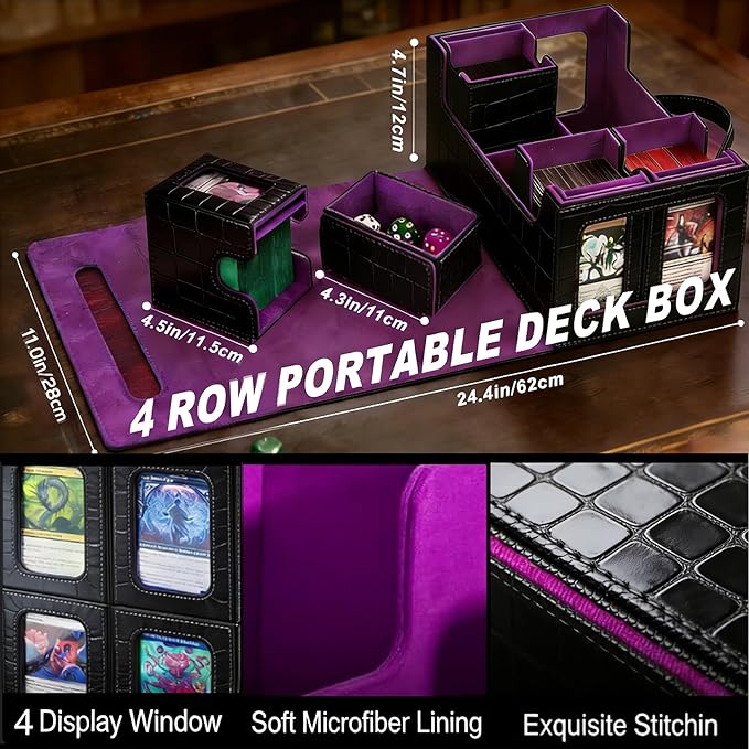 MTG Commander Deck Box, 4-in-1 Trading Card Storage Case fits 400+ Double Sleeved Cards, Premium PU Leather Deck Box MTG with Display Window & 4 Detachable Cases - Black & Red
