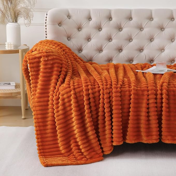 Orange Throw Blanket for Couch Sofa 50x60 inches Striped Design | Fleece Blankets Room Home Decor Lightweight Plush Soft Cozy Gifts for Women Mom