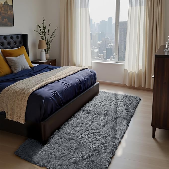 Soft Runner Rugs for Bedroom, Grey 2x6 Area Rugs Fluffy Rug Shag Area Rug Carpet, Bedside Rug for Living Room Bedroom Room Home Decor