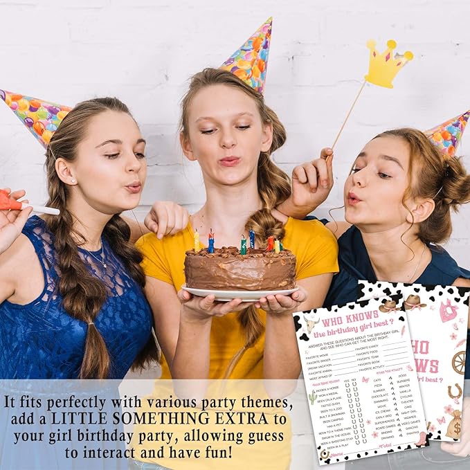 Birthday Games, Who Knows The Birthday Girl Best, 25 Cowgirl Fill-in Game Cards for Girls Sleepover Party Supplies Favors Decorations - A04