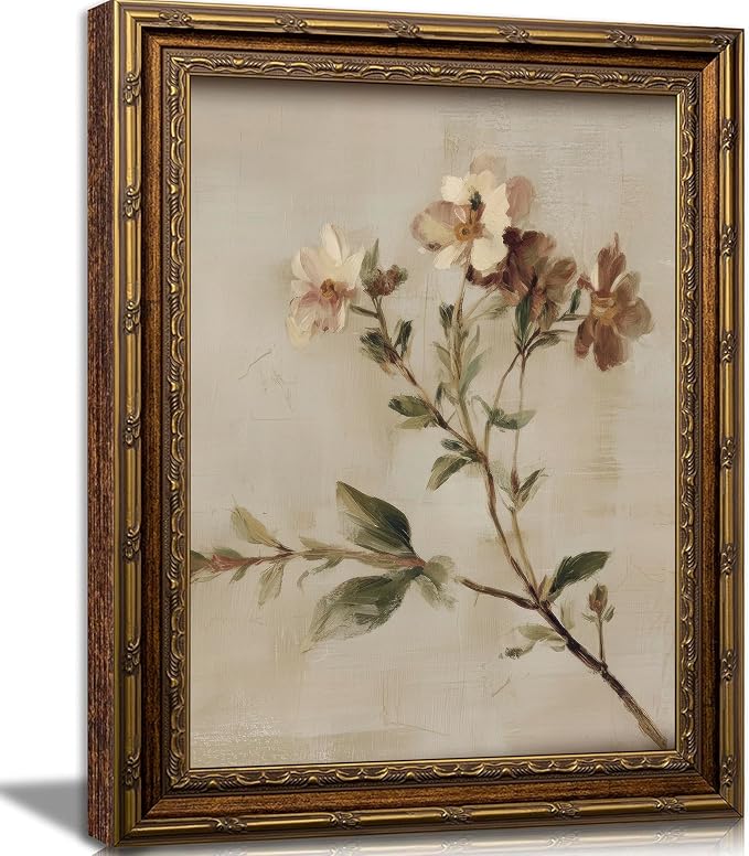 Wildflower Wall Art, Vintage Gold Framed Botanical Canvas, 16 x 24 in | Rustic farmhouse floral print for living room, bedroom, kitchen, hallway, cottagecore or country home decor.