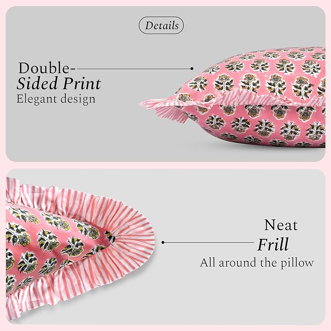 CPC Poppy Pink Ruffle Throw Pillow Covers for Couch, 16x16 Inch Cotton Stripe Ruffle Couch Pillows for Living Room, Hidden 12 Inch Zipper Boho Pillow Case or Cute Outdoor Pillows