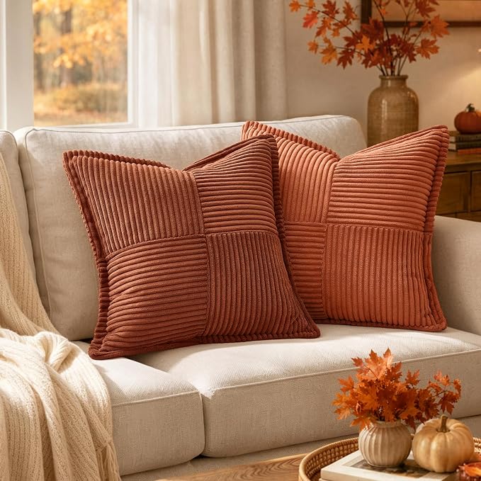 MIULEE Fall Rust Decorative Lumbar Throw Pillow Covers 12x20 Inch | 2 Pack, Terracotta Boho Broadside Striped Patchwork Pillow Covers, Soft Corduroy Cushion Cases, For Couch Sofa Bed Livingroom