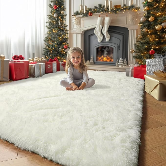 Amdrebio Ivory Area Rugs for Living Room Bedroom, 8x10 Big Large Soft Fluffy Neutral Carpet for Kids Room, Shaggy Thick Fuzzy Floor Rugs for Apartment Playroom Nursery Classroom, Furry Cream White Rug