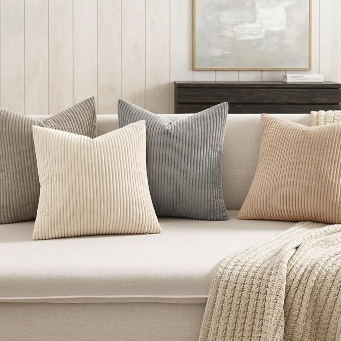 MIULEE Soft Corduroy Decorative Throw Pillow Covers Neutral Cream 20x20 | Set of 4, Mordern Nordic Home Decor, Cozy Cream Collection, Boho Farmhouse Cushion Covers for Couch Bed Sofa Living Room