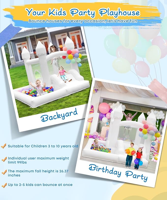White Bounce House with Blower Included, 9x9x7FT Inflatable Bounce House Castle with Ball Pit and Slide,Small Jumper Bouncy Castle, Fun for Kids Birthday Party