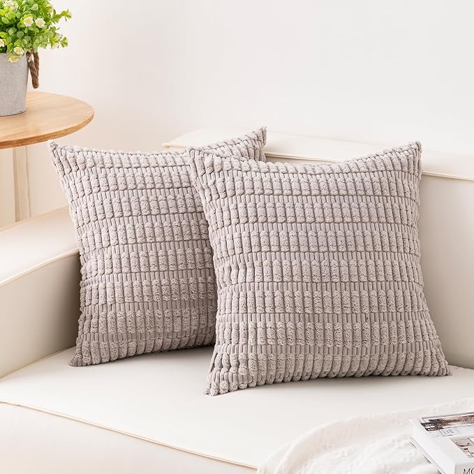 Pack of 2 Corduroy Decorative Throw Pillow Covers 18x18 Inch, Silver Gray | Fall Soft Striped Pillow Covers Modern Farmhouse Home Decor Christmas Throw Pillow Covers for Sofa Living Room Couch Bed