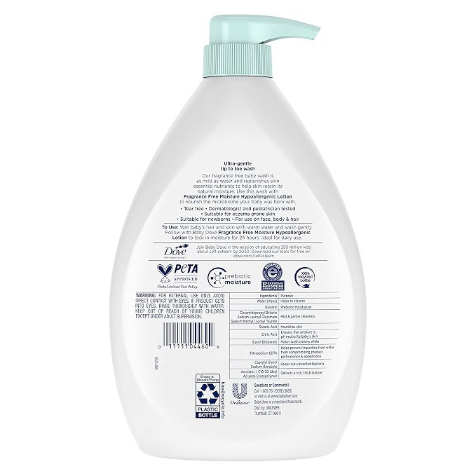 Baby Dove Sensitive Skin Care Baby Wash Fragrance Free Moisture For Baby Bath Time Fragrance Free and Hypoallergenic, Washes Away Bacteria 34 oz (Pack of 3)