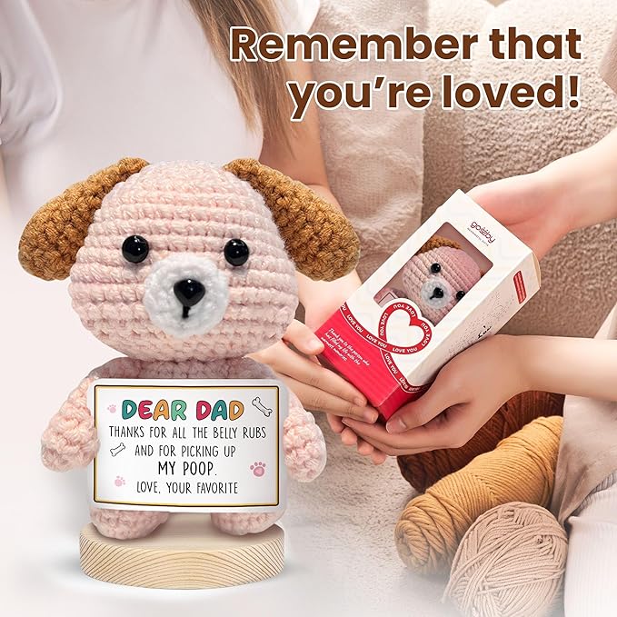 Gossby Handmade Positive Dog Crochet with Message - Gift for Dog Dad - Thanks for All The Belly RUB - Fathers Day, Christmas, Birthday Gift for Pet Lover Men - Knitted Decor