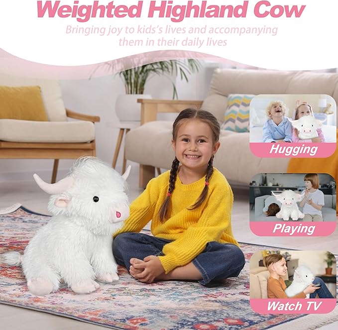 Highland Cow Weighted Stuffed Animals, 4 Lbs White Highland Cow Plush 13.7 Inches, Surprise Weighted Stuffed Animals Gift for Kids Birthdays, Halloween, Christmas (White)