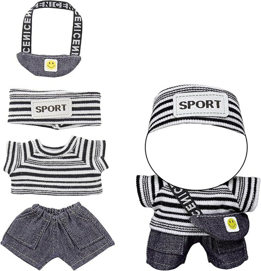 17cm Doll Clothes 4-Piece Outfit Set for 17cm Dolls Handmade Sport Style with Striped Headband, Top, Jeans & Mini Denim Backpack Accessories for Plush Dolls, Clothes Only