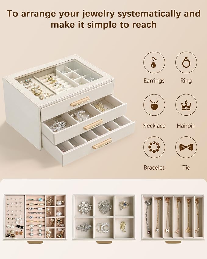 Homeanda Jewelry Boxes Organizer with Glass Lid, 3-Layer PU Leather, Beige | Modern style display case with 3 drawers for daily jewelry, women, mom or girl gift