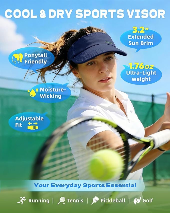 Sun Visor Hats for Women Men - Wide Brim Quick Dry Adjustable Hat | Upf 80+ Sun Protection Sport Hat, Cooling Sweatband; Breathable Quick-Dry Fabric Visors for Running, Tennis, Golf, Sports