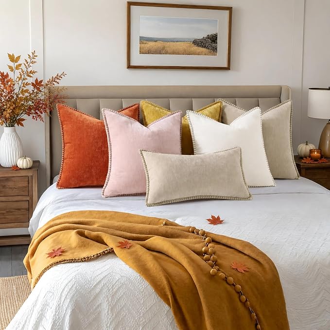 decorUhome Soft Chenille Throw Pillow Covers 12x20 Set of 2 Rust | Fall Textured Decorative Throw Pillow Cases Stitched Edge Modern Farmhouse Luxury Boho Velvet for Couch Sofa Bed Home Decor