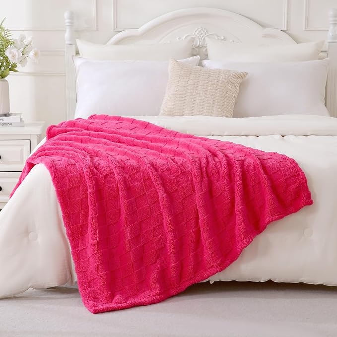 Hot Pink Fleece Throw Blanket 50”×60”Checkered Design for Couch | Super Soft Cozy Plush Microfiber 3D Square Pattern Flannel Blanket for Sofa Bed Lightweight for Adults,Women