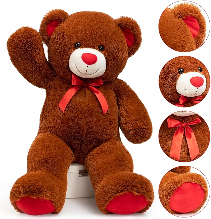 BigTeddy Bear Stuffed Animal Giant Teddy Bear Plush with Red Ribbon Bow Plush Toy Gift for Girlfriend Bride 36 inch Brown