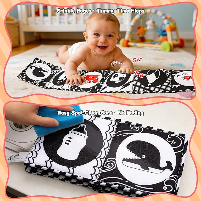 High Contrast Baby Toys for Newborn – Black White Tummy Time Mirror Toy, Crinkle Sensory Baby Book 0-6 Months for Newborns, Attach to Crib/Stroller/Car Seat