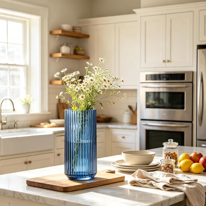 10 inch Blue Glass Flower Vase for Pampas Grass, Medium Decorative Centerpiece Ribbed Vase for Dining Table, Office Desktop, Shelf Bookshelf, Mantel, Entryway, Bathroom, Countertop,Gift