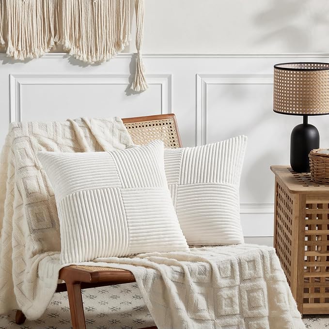 Fancy Homi 2 Packs Cream White Decorative Throw Pillow Covers 20x20 Inch for Living Room Couch Bed Sofa, Farmhouse Boho Home Decor, Soft Corss Corduroy Patchwork Accent Square Cushion Case 50x50 cm