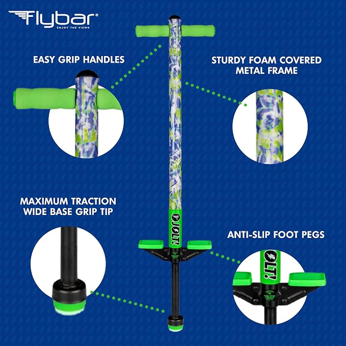 Flybar Jolt Pogo Stick for Kids, Perfect for Beginners w/ Foam-Covered Metal Frame, Handles & Padding, Non-Slip Foot Pads, Wide Tip, Outdoor Active Play Toy for Boys & Girls, Ages 6+, Green Tie Dye