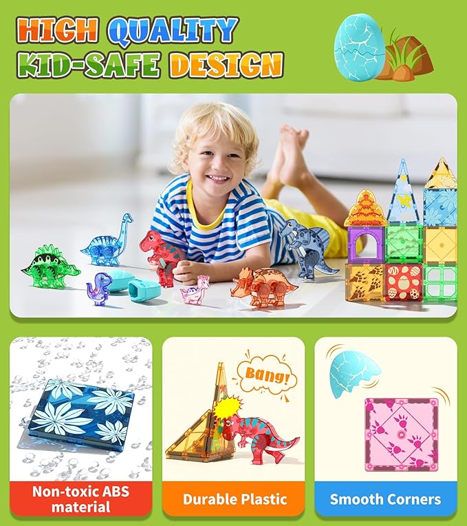 Dinosaur Toys Magnetic Tiles Set - 2 Eggs, 2 Baby Dinos & 5 Large Dinosaurs for Kids 3-5, 105pcs Magnetic Building Blocks for Toddlers 1-3 4-8，Magnet Tiles Educational Toy for Boys Girls