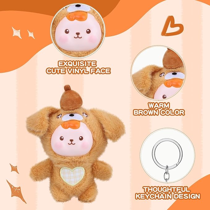 Plush Doll, Plush Figure Toys with Vinyl Face Mentl Keyring Heart Embroidery for Girls Boys Kid, Cute Brown Puppy Vinyl Plushies Gifts for Collectibles Keychain Bag Charm Home Decor Birthday Christmas