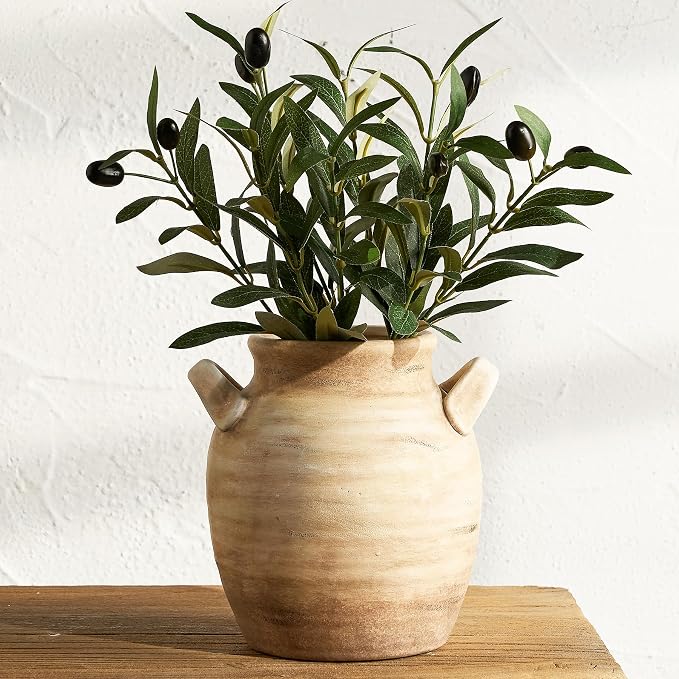 Vanselia Ceramic Flower Vase Home Decor - Farmhouse Table Vases with Handle Living Room Decoration Vintage Decorative Aesthetic for Shelf Coffee Dining Desk House Bookshelf Fireplace (7.1" Rust)