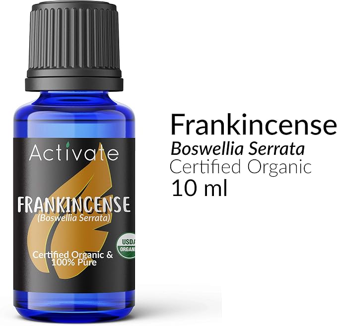 Activate USDA Organic Frankincense Essential Oil, 100% Pure & Undiluted, Steam Distilled Frankincense Oil for Aromatherapy, Diffuser, Massage, Skin Care, Candle & Soap Making, 10mL (0.33 fl oz)