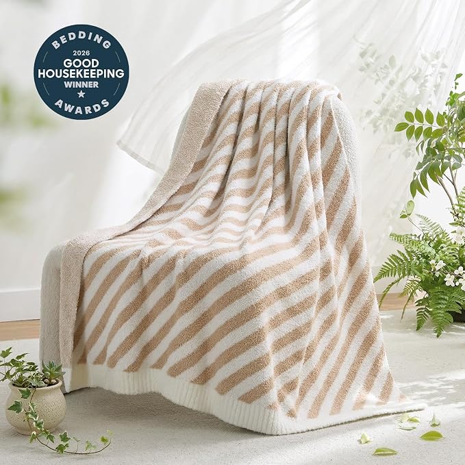Snuggle Sac Ultra Soft Throw Blanket, Beige, 50"x60" | Reversible, Cozy Knitted, Fuzzy Knit Striped, For Couch, Sofa, Bed, Home Decor