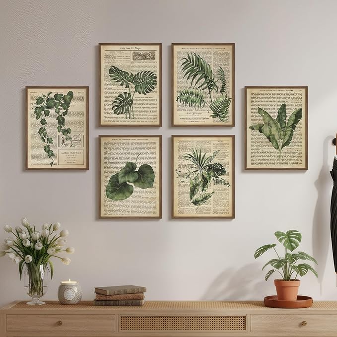 Framed Vintage Botanical Wall Art, Set of 6 Green Leaf and Fern Canvas Painting Prints, Rustic Farmhouse Plant Artwork for Living Room Bedroom Kitchen Dining Room Office Apartment Decor, 11x14 Inch