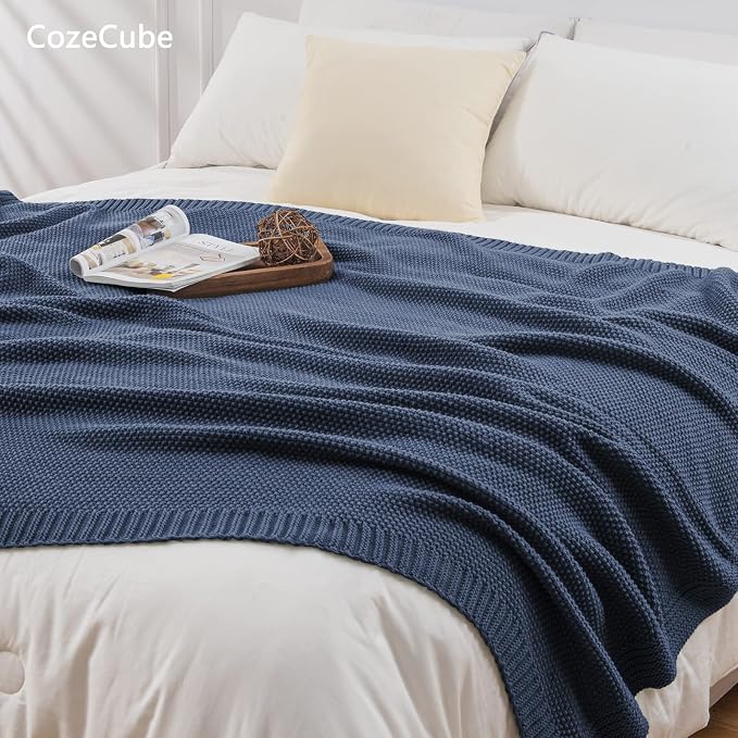 CozeCube Dusty Blue Seed Stitch Throw Blanket 50"x60", Farmhouse Decor | Blanket for Couch, Soft Cozy Cable Knit Throw for Bed Sofa Living Room, Lightweight Warm Decorative Christmas Blanket