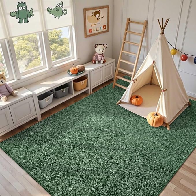 FinRèc 7x10 Washable Area Rugs for Bedroom Living Room, Low Pile Thin Rug Solid Color, Non-Slip Carpet Indoor for Home Decor (Green/White)