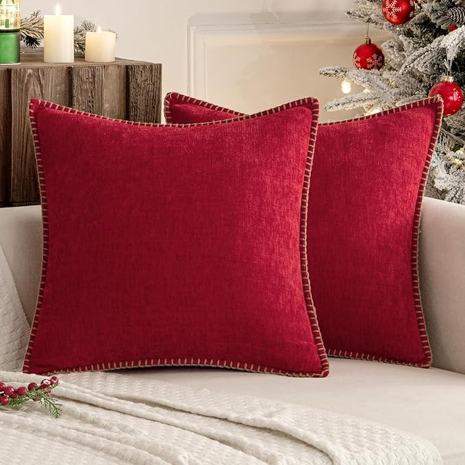 MIULEE Decorative Couch Throw Pillow Covers 18x18 Inch Red 2 Pack | Summer Farmhouse Pillow Covers with Stitched Edge, Soft Chenille Cushion Cases, for Sofa Bed Living Room Home Decor