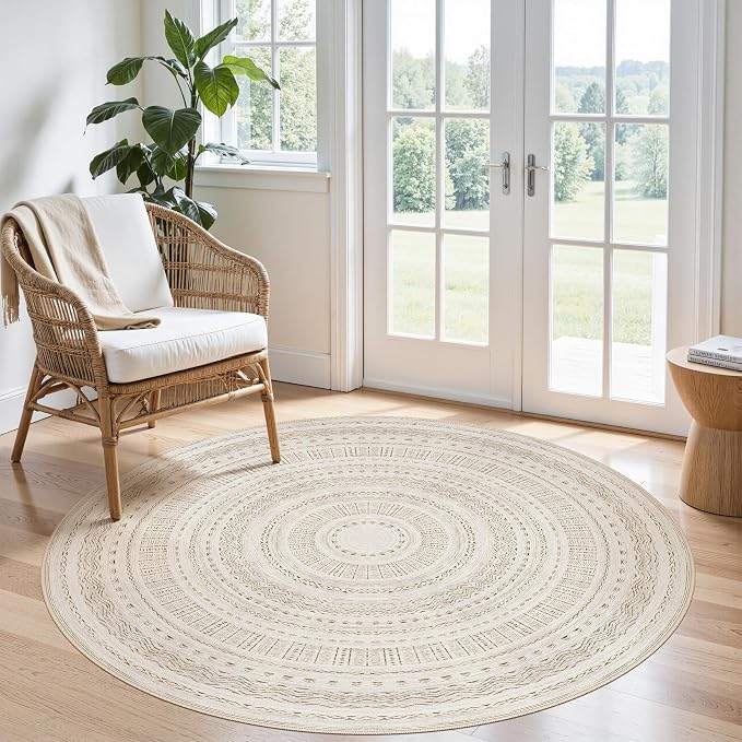 cotiled 5x5 Round Area Rugs Living Room Rug: Washable Boho Rugs with Non Slip Backing Large Soft Indoor Stain Resistant Carpet for Bedroom Farmhouse Dining Room Lightweight Home Decor Brown/Cream