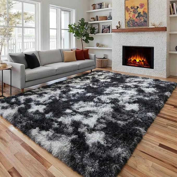 PAGISOFE 9x12 Area Rugs Living Room, Extra Large Black White Grey Rugs for Bedroom Fluffy Indoor Rugs for Kids Room Classroom Dorm Room Aesthetic Shaggy Carpet Plush Modern Cool Rug