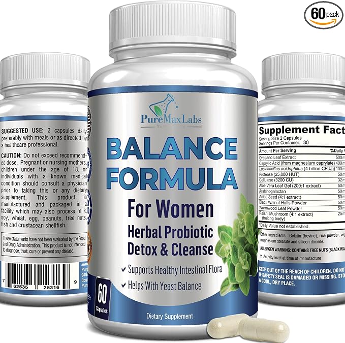YUMMYVITE Balance Complex for Women - for Vaginal Health, Herbal Detox & Cleanse, Vaginal Probiotics, Supports Healthy Intestinal Flora, Helps with Yeast Infections 60 Capsules